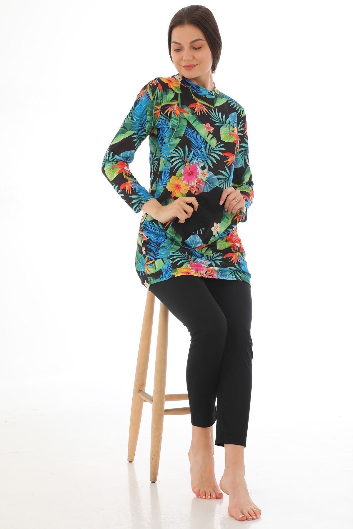Full Covered Lycra Hijab Swimsuit Red Green Leaf - MALLTURK
