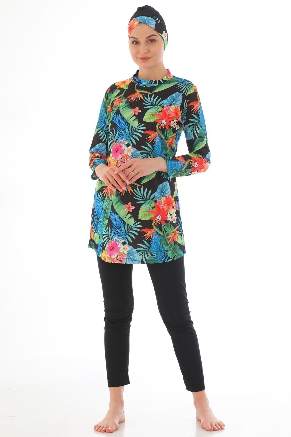 Full Covered Lycra Hijab Swimsuit Red Green Leaf - MALLTURK