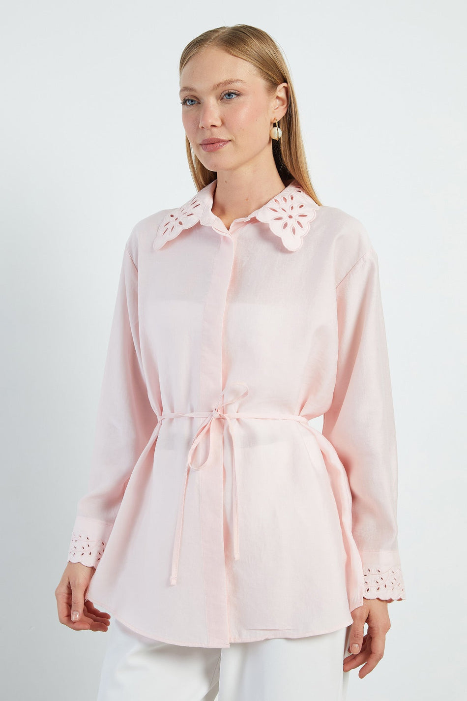 Fullamodest Embroidered Tie-Waist Shirt - MALLTURK
