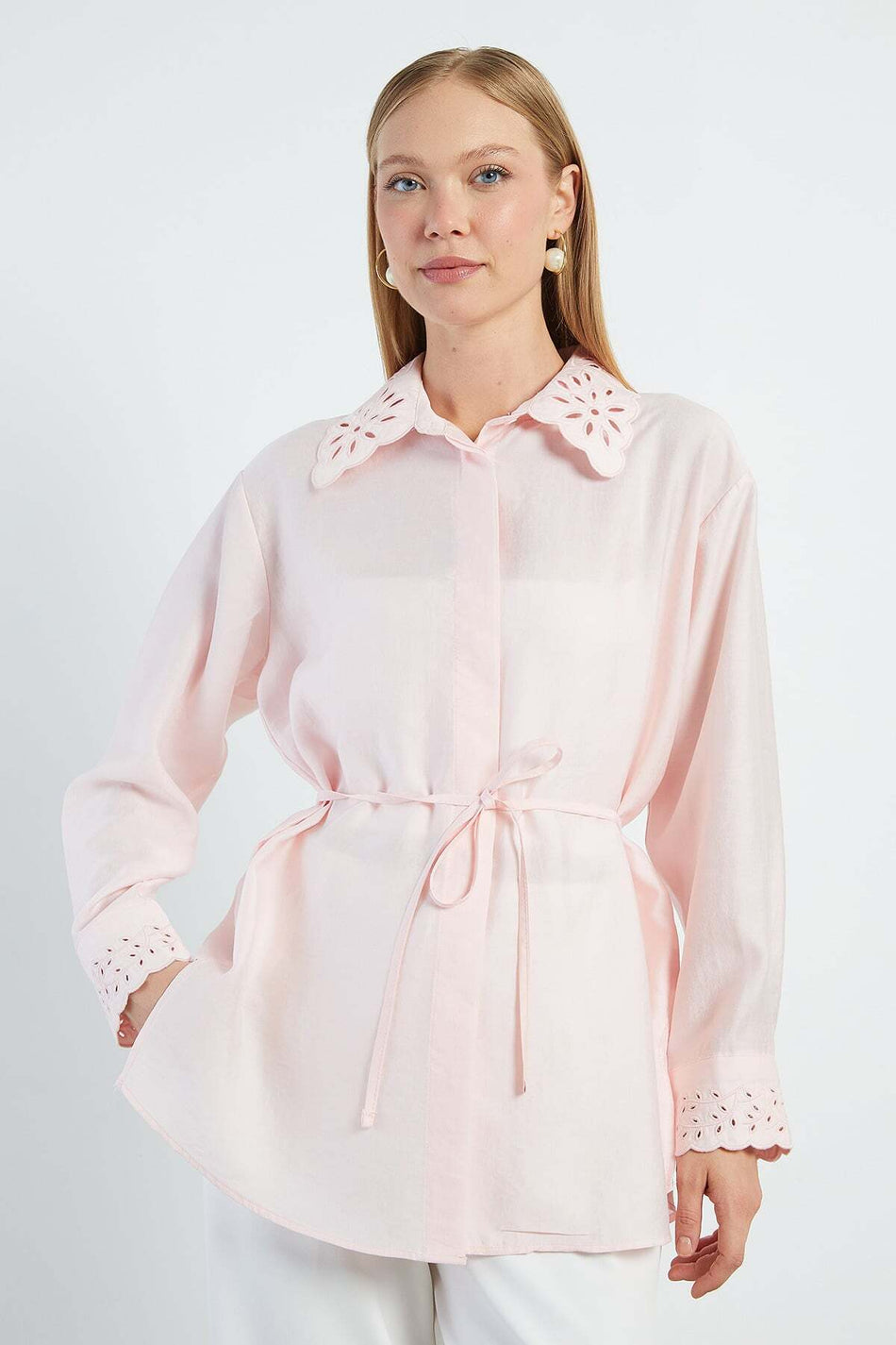Fullamodest Embroidered Tie-Waist Shirt - MALLTURK
