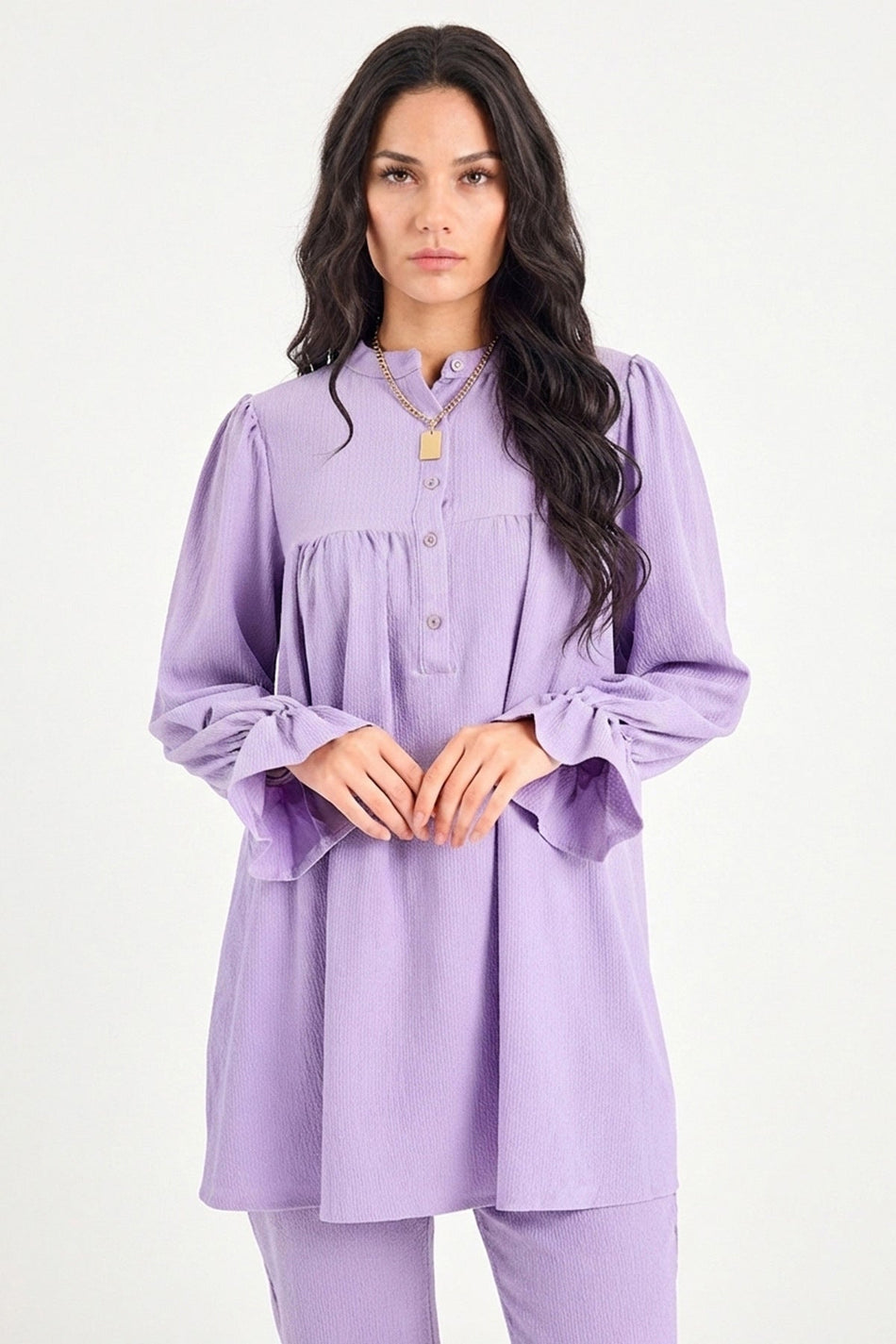 Fullamodest Half Buttoned Wrinkled Fabric 2-Piece Set - MALLTURK
