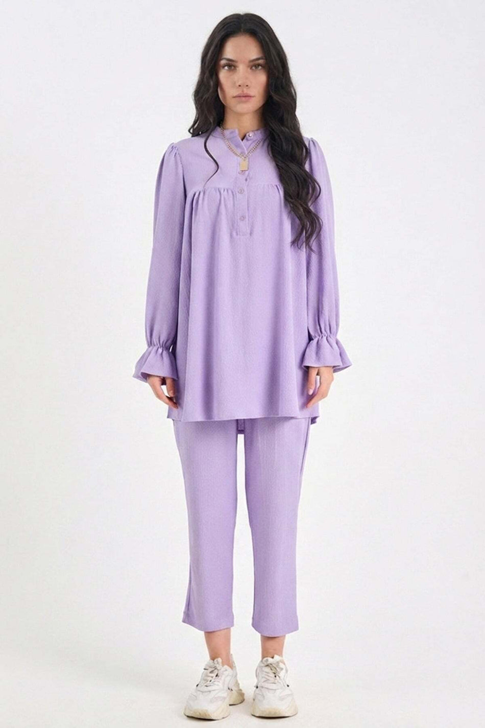 Fullamodest Half Buttoned Wrinkled Fabric 2-Piece Set - MALLTURK