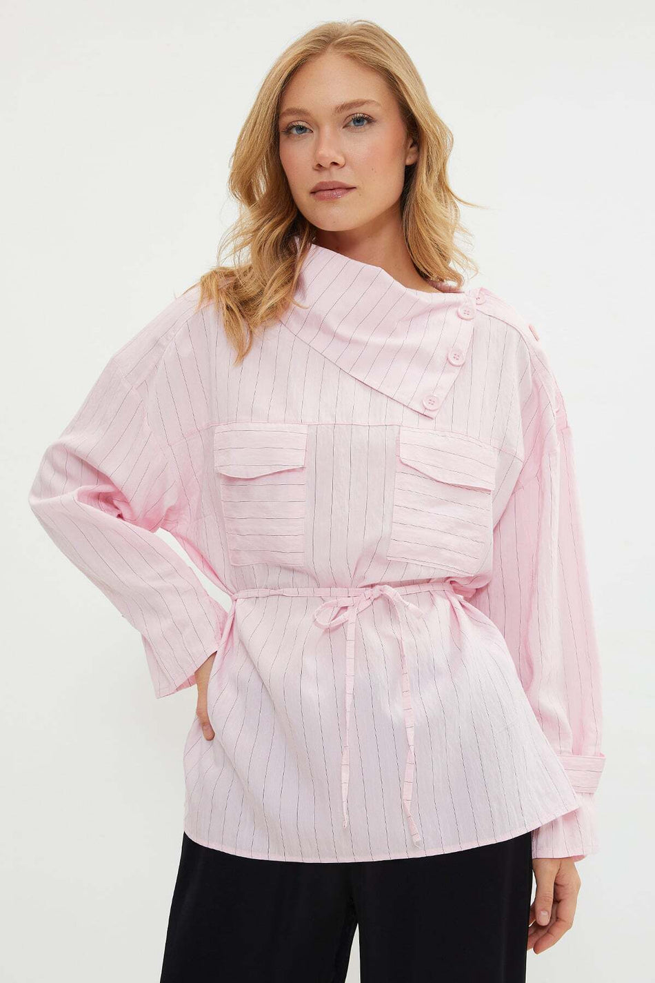 Fullamodest Striped Collar Asymmetrical Cut Tunic - MALLTURK