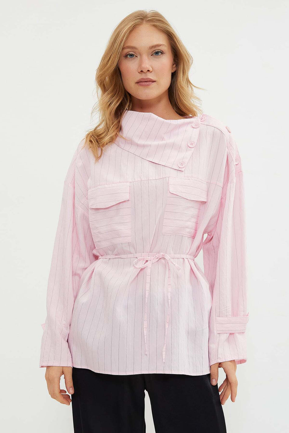 Fullamodest Striped Collar Asymmetrical Cut Tunic - MALLTURK