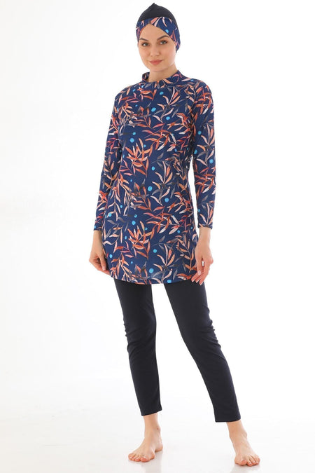Fully Covered Lycra Hijab Swimsuit Navy Blue Pattern - MALLTURK