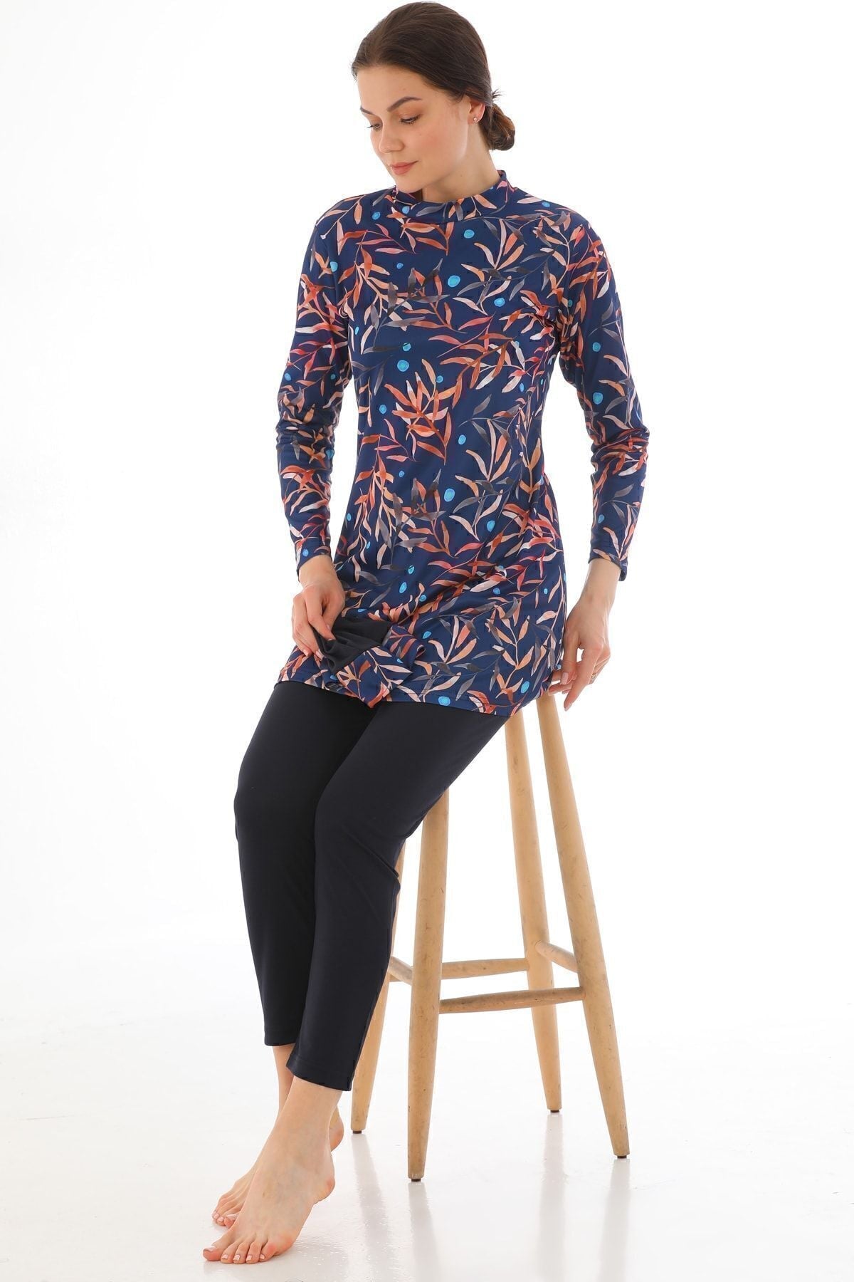 Fully Covered Lycra Hijab Swimsuit Navy Blue Pattern - MALLTURK