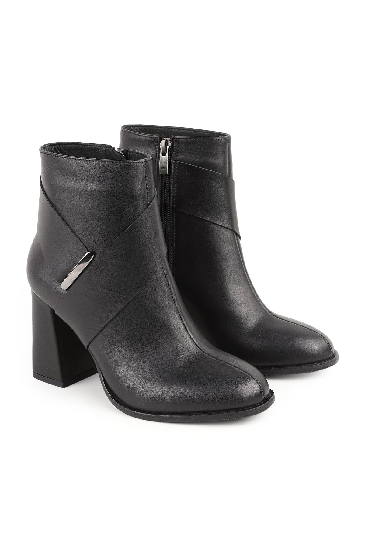 Genuine Leather Ankle Length Heeled Women's Boots–Metal Accessories, Internal Zipper, Thick Block Heel L31.26104453 - MALLTURK