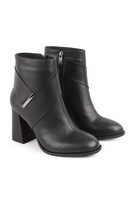 Genuine Leather Ankle Length Heeled Women's Boots–Metal Accessories, Internal Zipper, Thick Block Heel L31.26104453 - MALLTURK