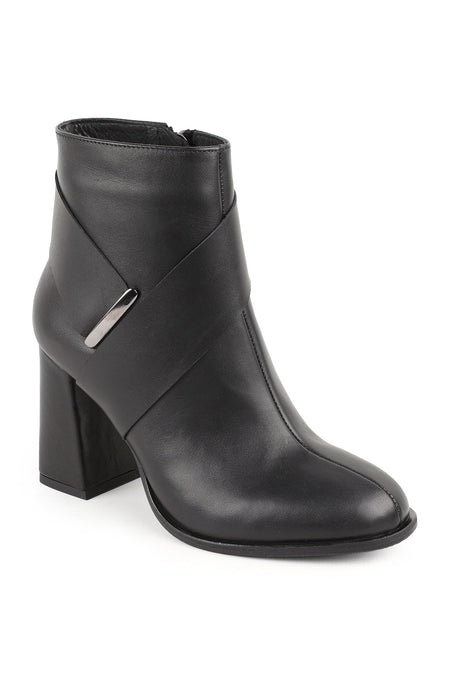 Genuine Leather Ankle Length Heeled Women's Boots–Metal Accessories, Internal Zipper, Thick Block Heel L31.26104453 - MALLTURK