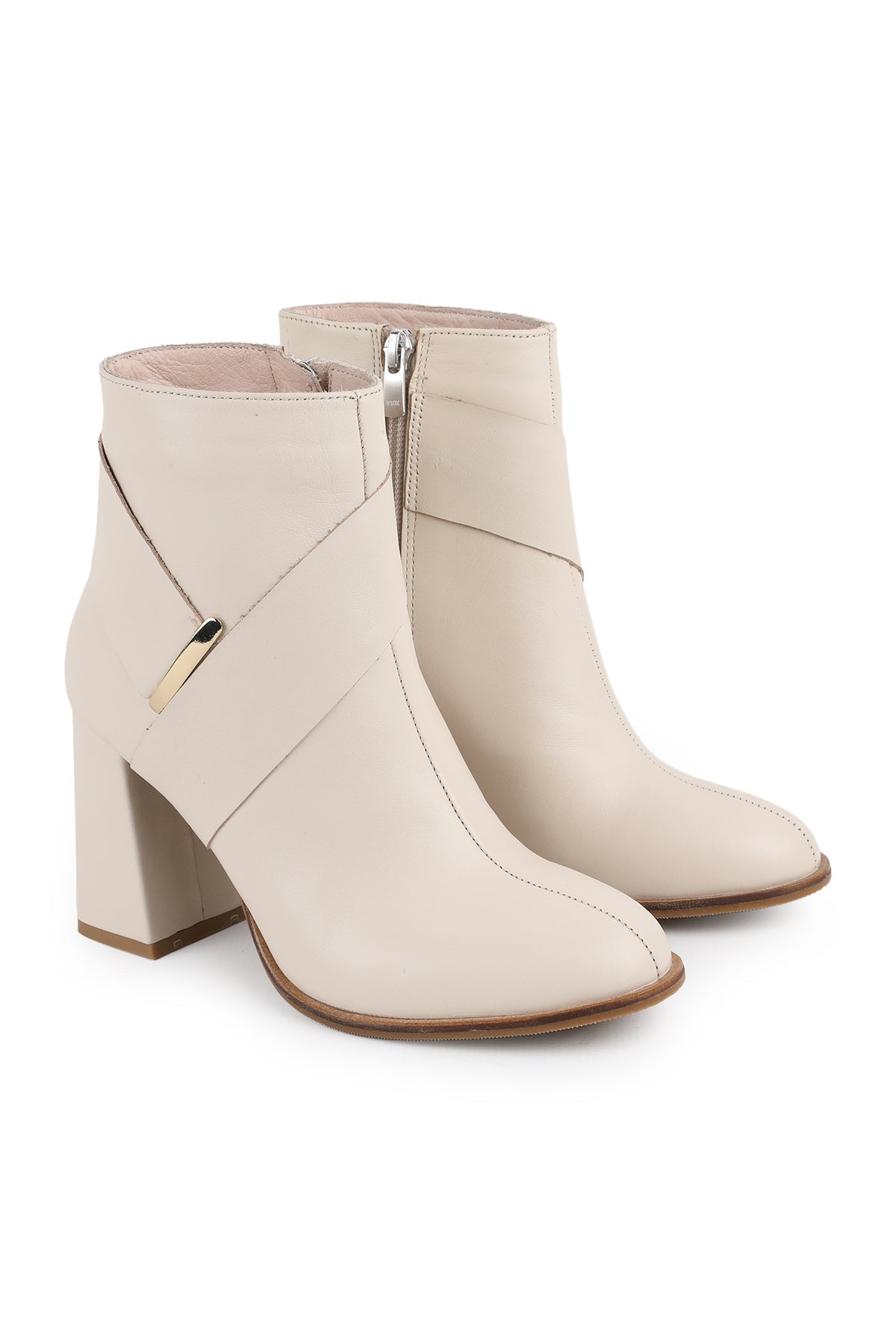 Genuine Leather Ankle Length Heeled Women's Boots–Metal Accessories, Internal Zipper, Thick Block Heel L31.26104453 - MALLTURK