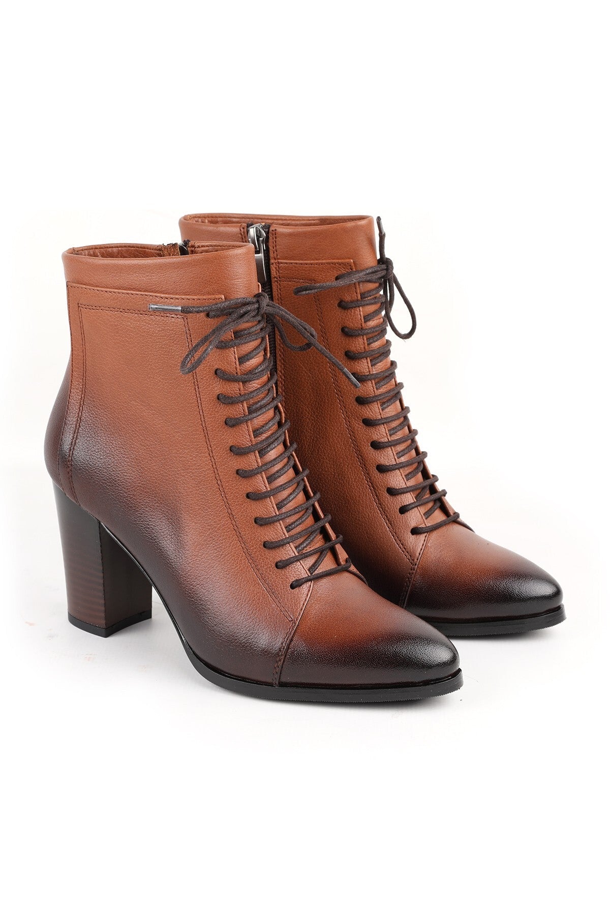 Genuine Leather Lace-Up Women's Boots Ankle Length Medium Heel Zippered Non-Slip Sole L065.234 - MALLTURK