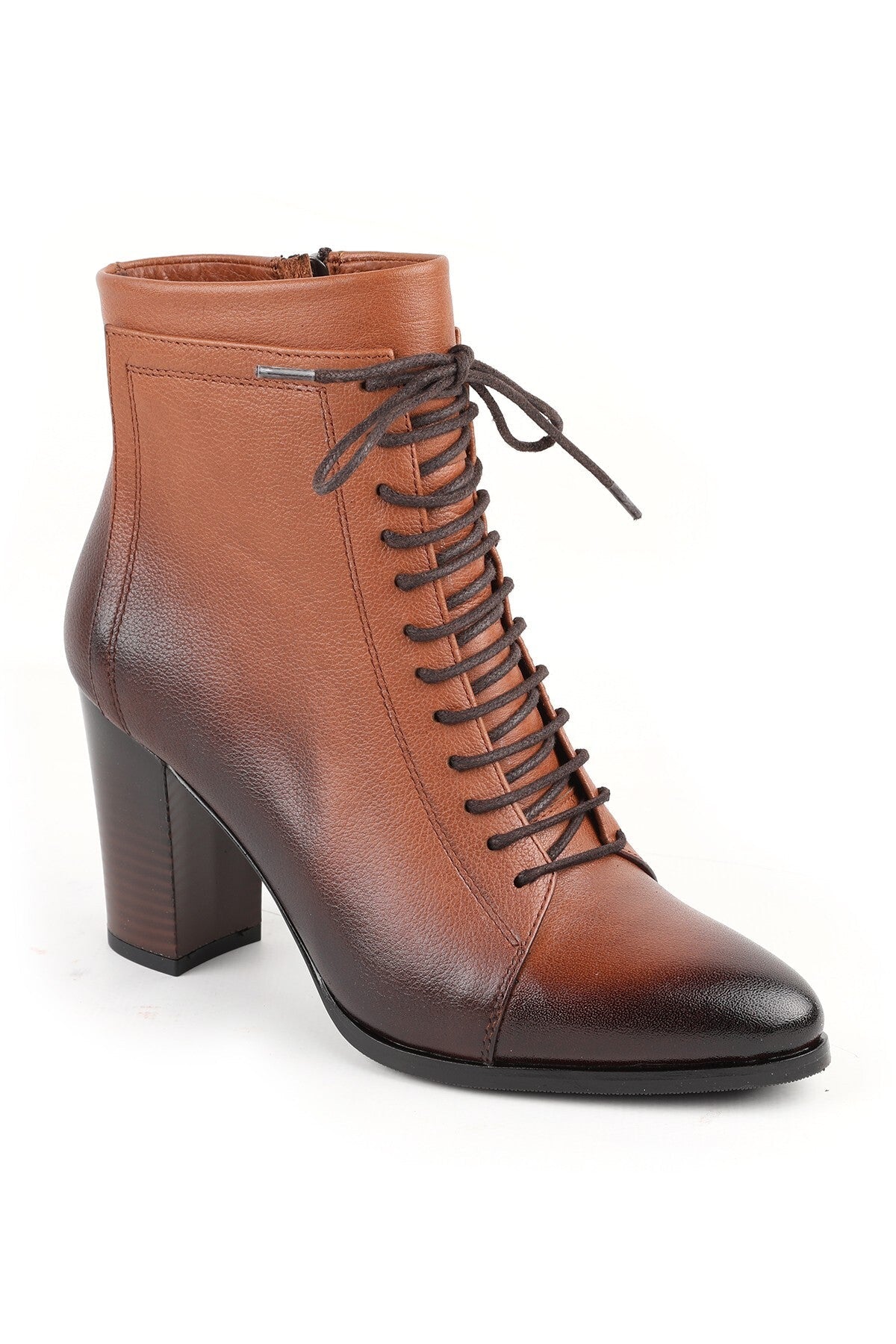 Genuine Leather Lace-Up Women's Boots Ankle Length Medium Heel Zippered Non-Slip Sole L065.234 - MALLTURK