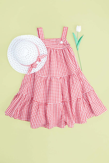 Gingham Patterned Hat and Strap Girls' Dress - MALLTURK
