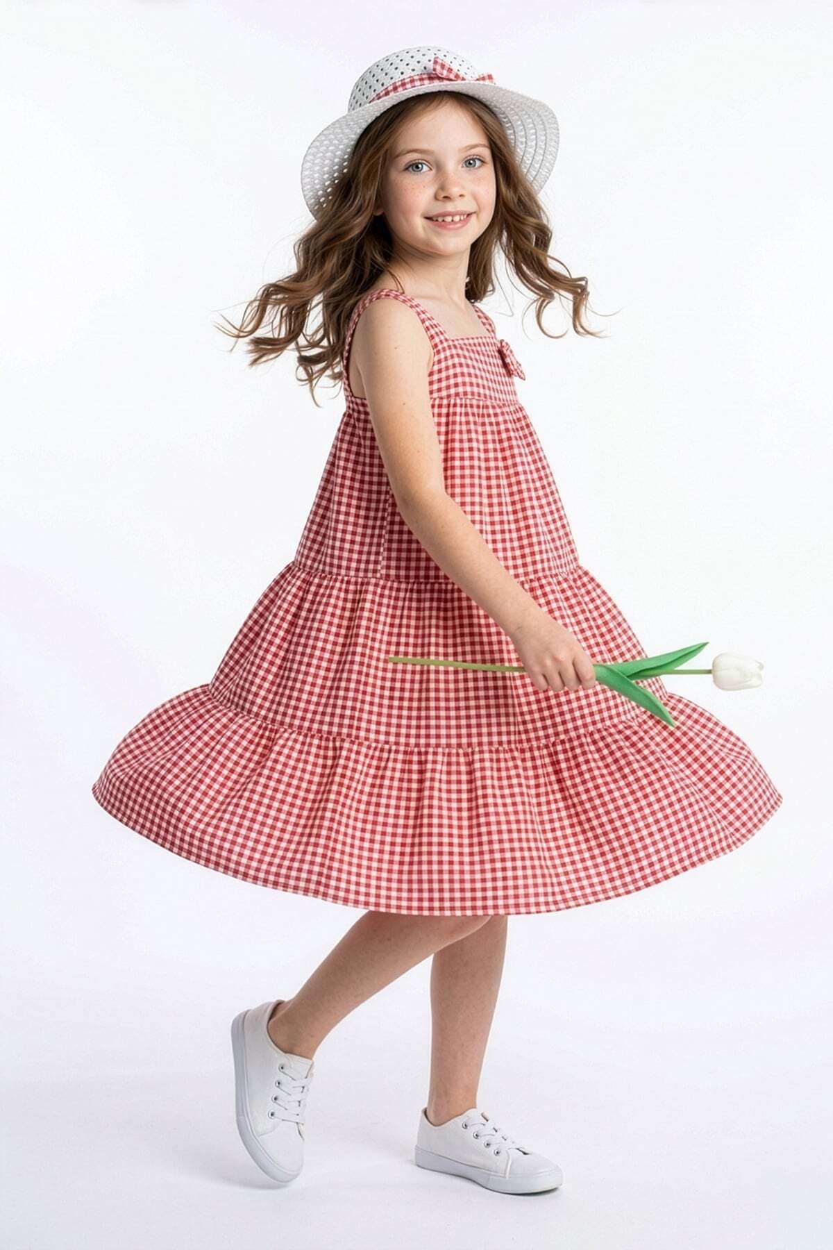 Gingham Patterned Hat and Strap Girls' Dress - MALLTURK