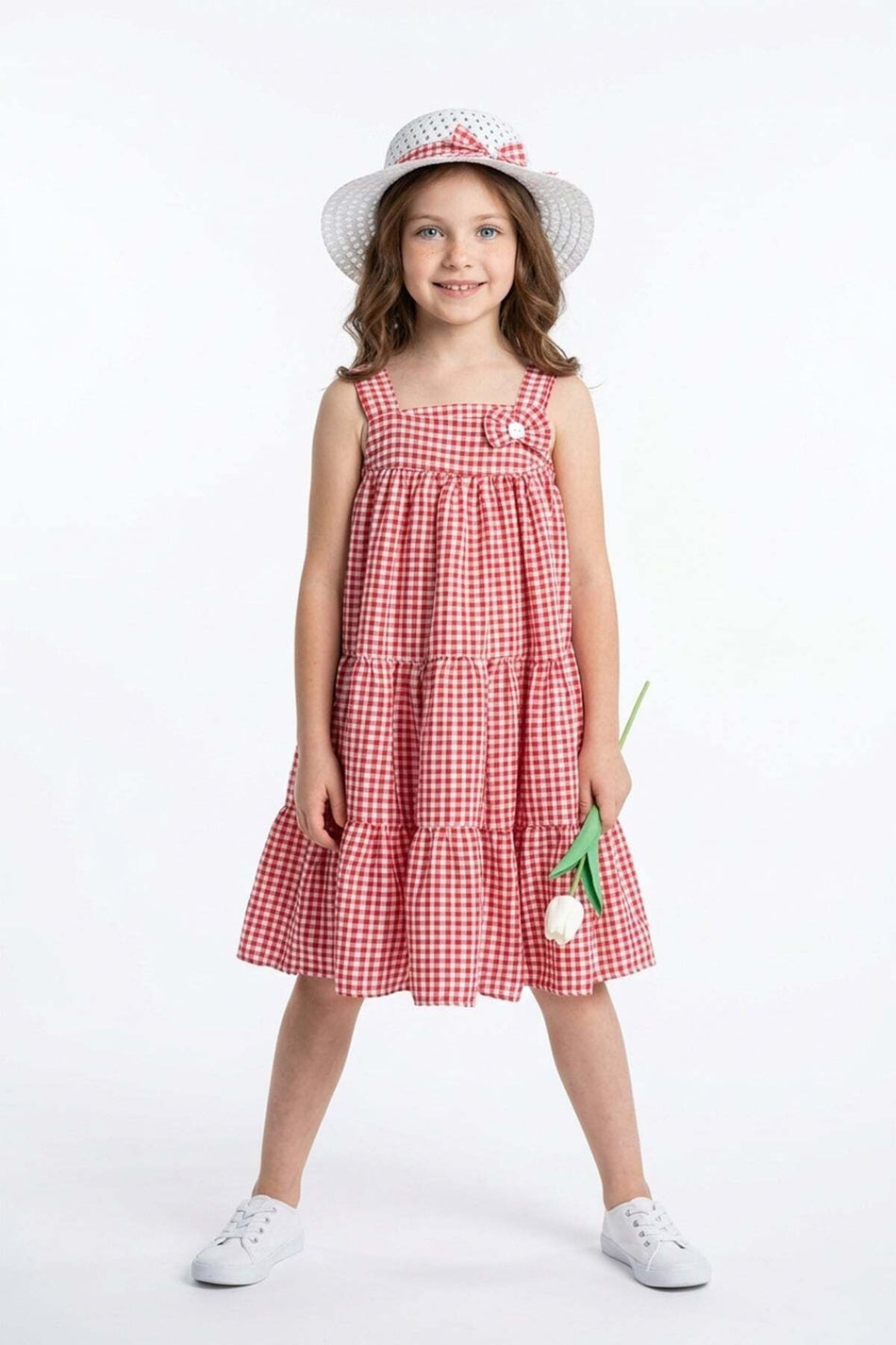 Gingham Patterned Hat and Strap Girls' Dress - MALLTURK