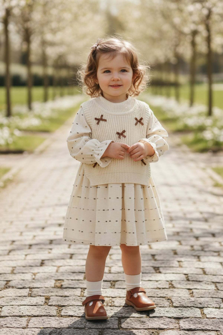 Girls' Dress with Bow and Knit Sweater - MALLTURK