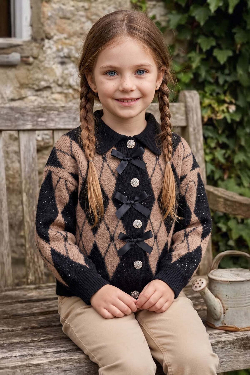 Glittery Baklava Patterned Bowknot Buttoned Girls' Cardigan - MALLTURK