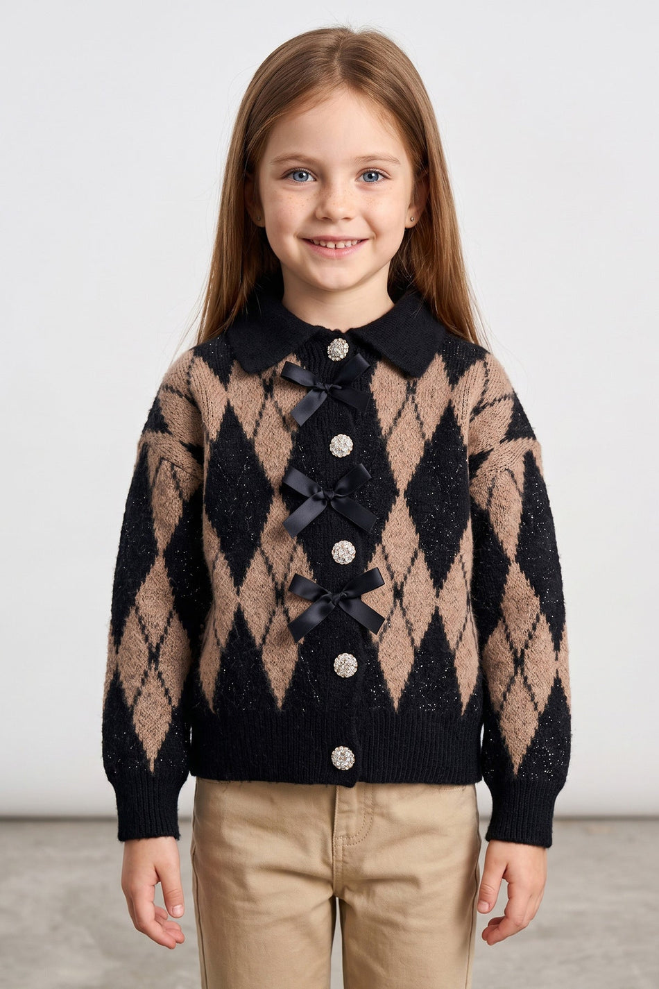 Glittery Baklava Patterned Bowknot Buttoned Girls' Cardigan - MALLTURK