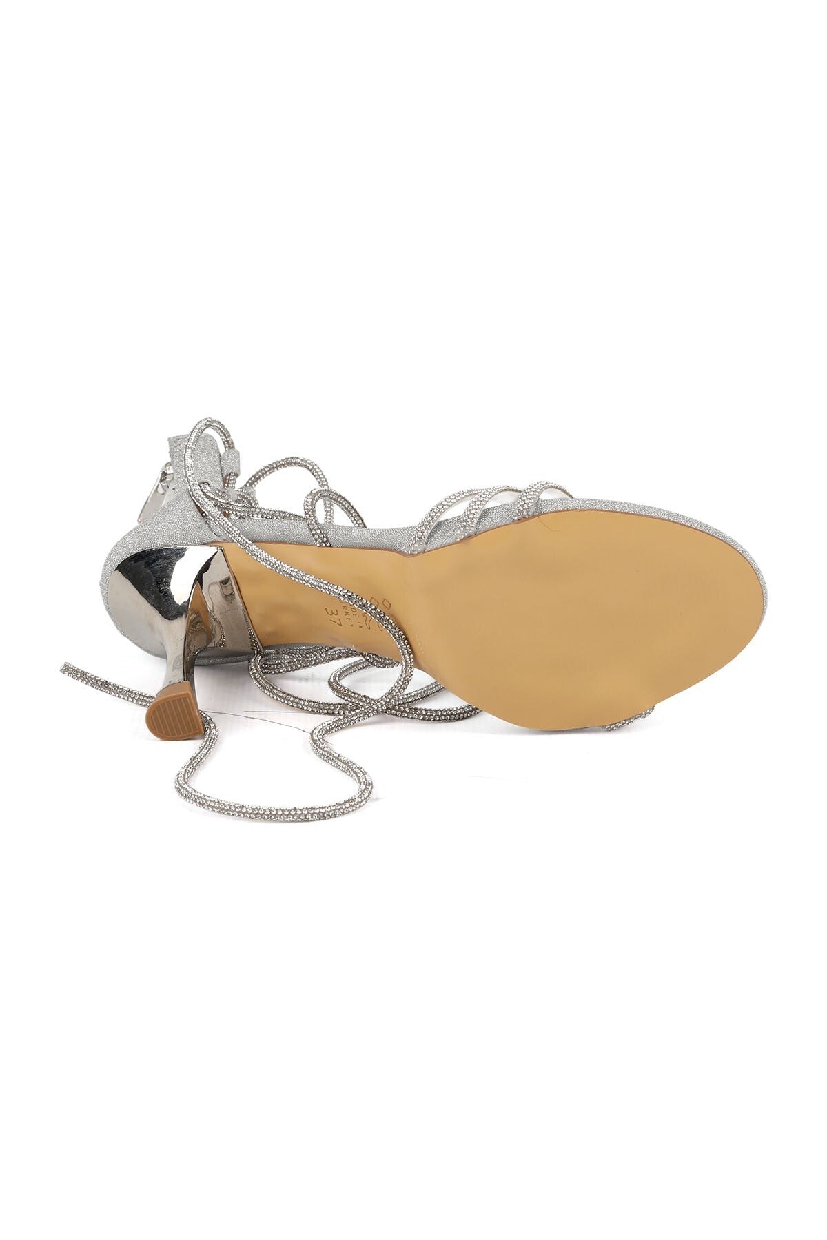 Glittery Stone Embellished Drawstring Ankle Strap Metallic Heeled Evening Dress Evening Shoes L085.K668 - MALLTURK