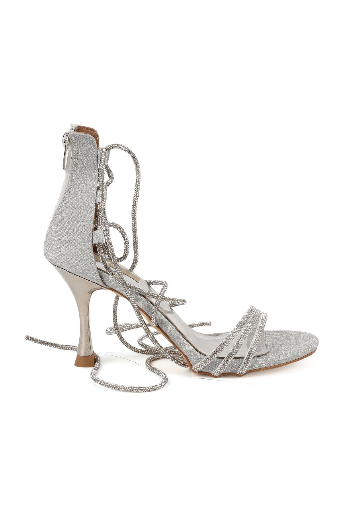 Glittery Stone Embellished Drawstring Ankle Strap Metallic Heeled Evening Dress Evening Shoes L085.K668 - MALLTURK