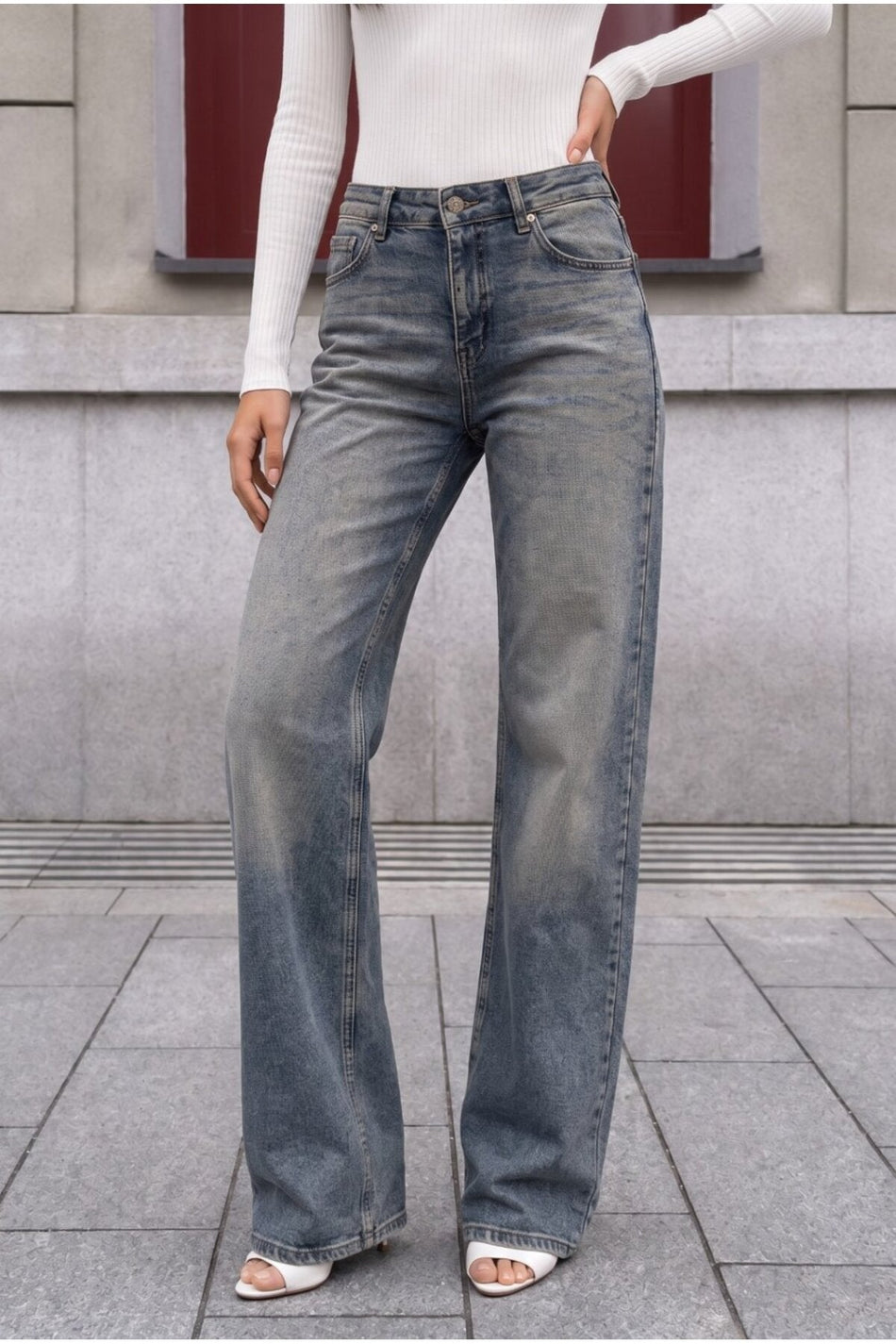 Gök Mavi Soluk Efekt Vintage Yüksek Bel Wide Leg Geniş Paça with Lycra Jeans - MALLTURK
