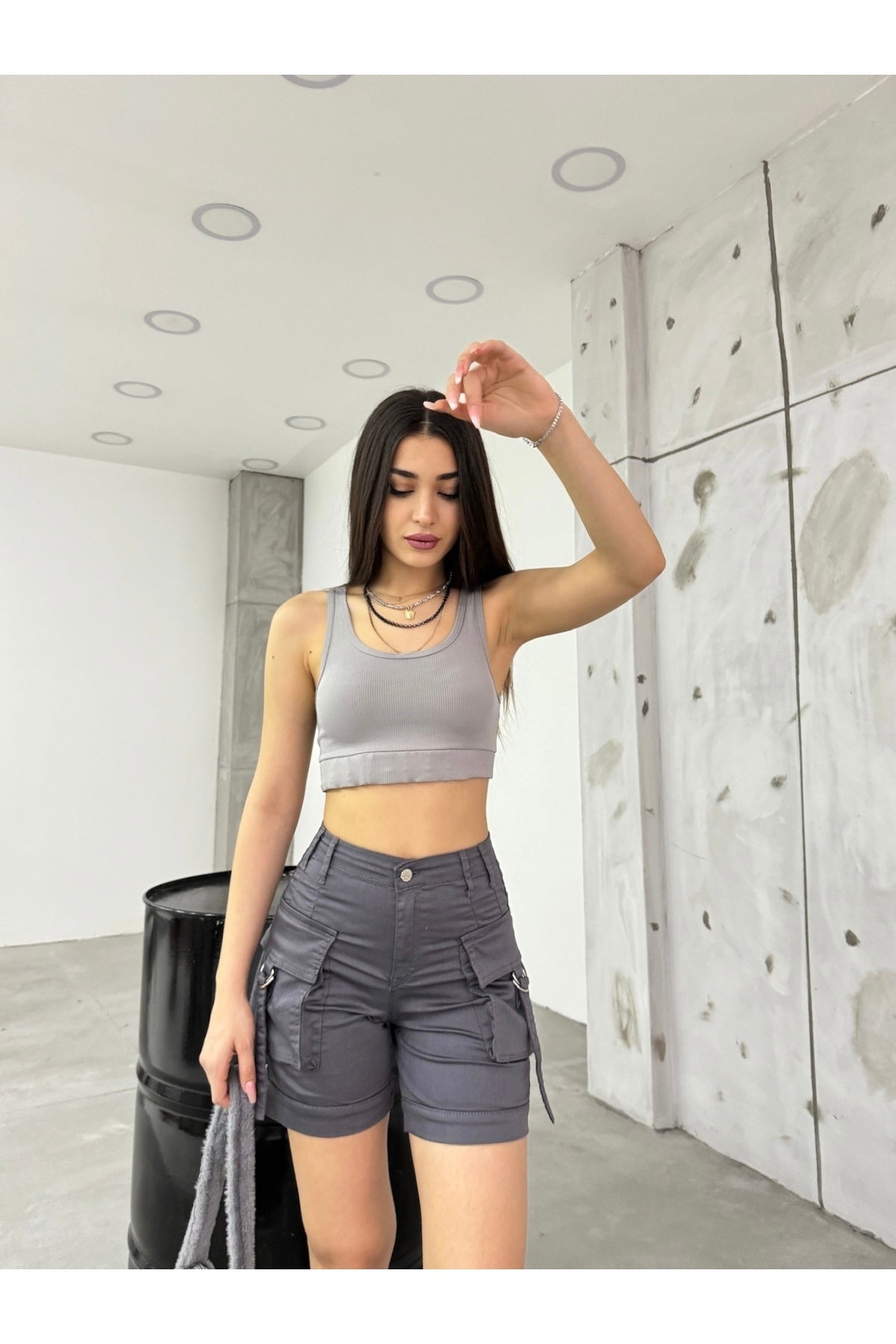 Grey Cargo Pocket High-Waisted Stretch Denim Shorts - MALLTURK