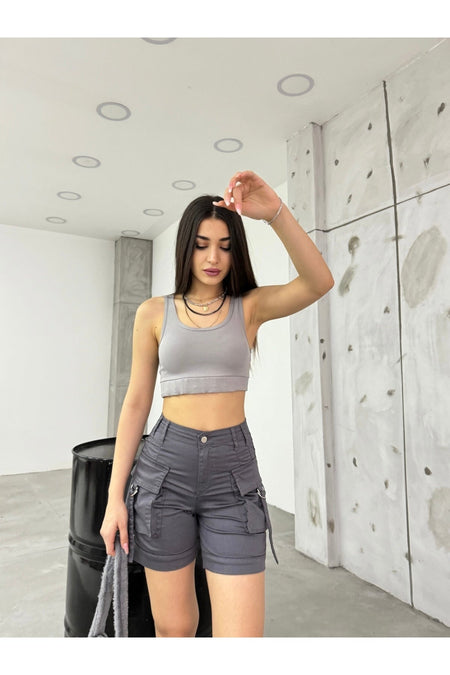 Grey Cargo Pocket High-Waisted Stretch Denim Shorts - MALLTURK