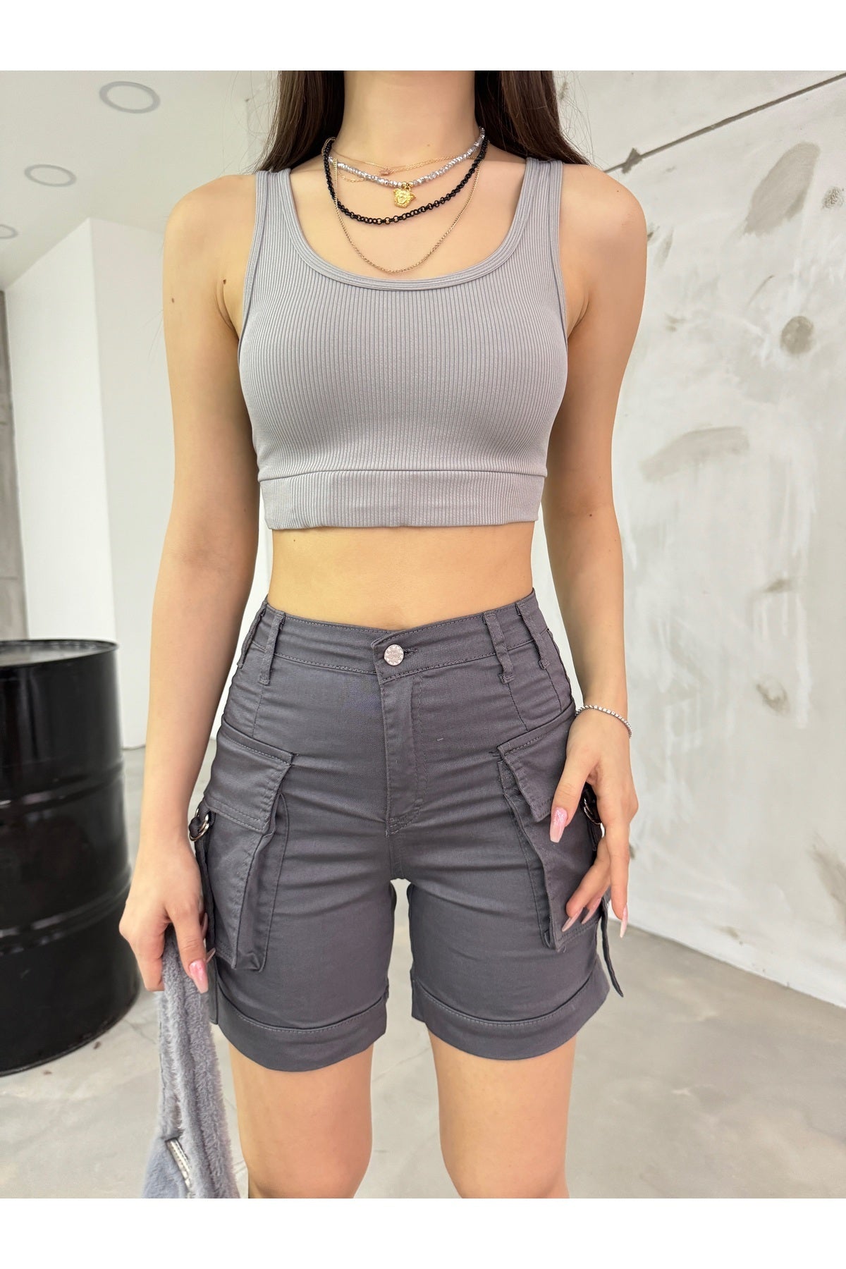 Grey Cargo Pocket High-Waisted Stretch Denim Shorts - MALLTURK