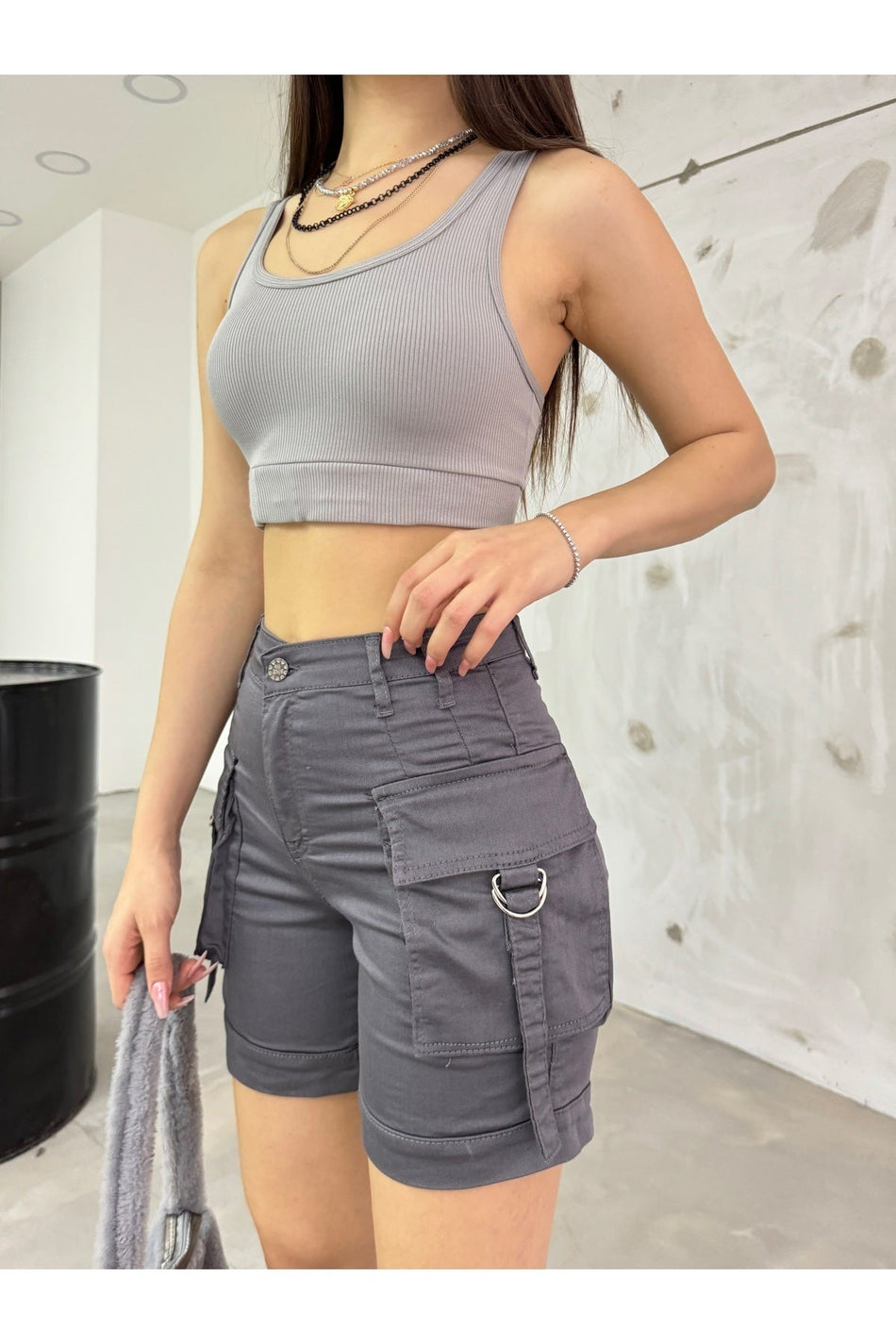 Grey Cargo Pocket High-Waisted Stretch Denim Shorts - MALLTURK