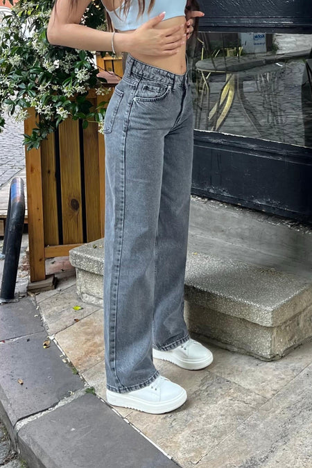 Grey High-Waisted Wide-Leg Jeans - MALLTURK