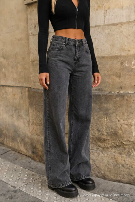 Grey High-Waisted Wide-Leg Palazzo Jeans - MALLTURK