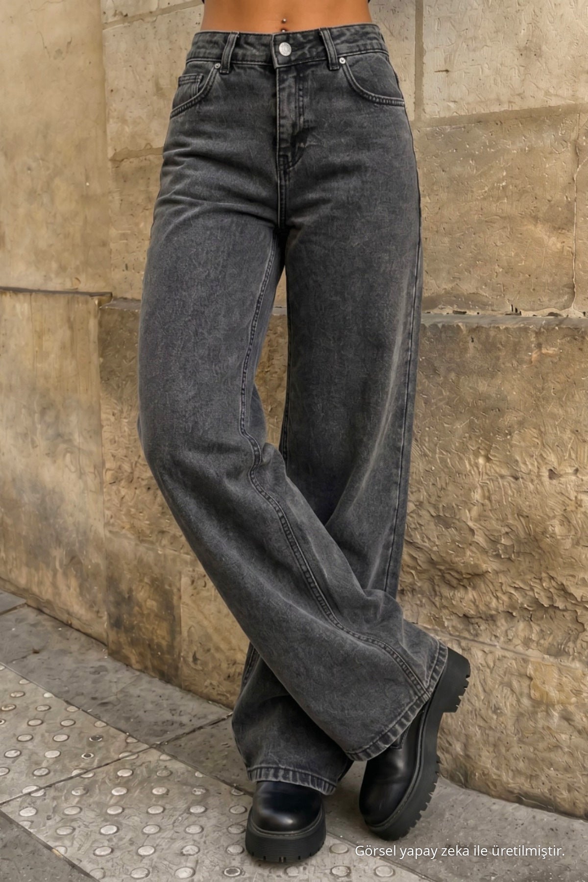 Grey High-Waisted Wide-Leg Palazzo Jeans - MALLTURK
