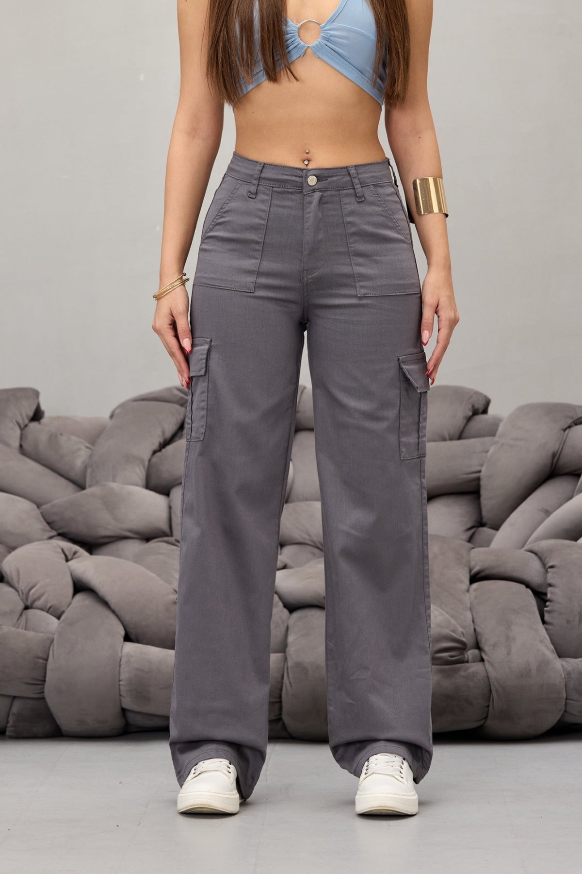 Gri Kargo Cepli Likralı Yüksek Bel Wide Leg Pantolon - MALLTURK