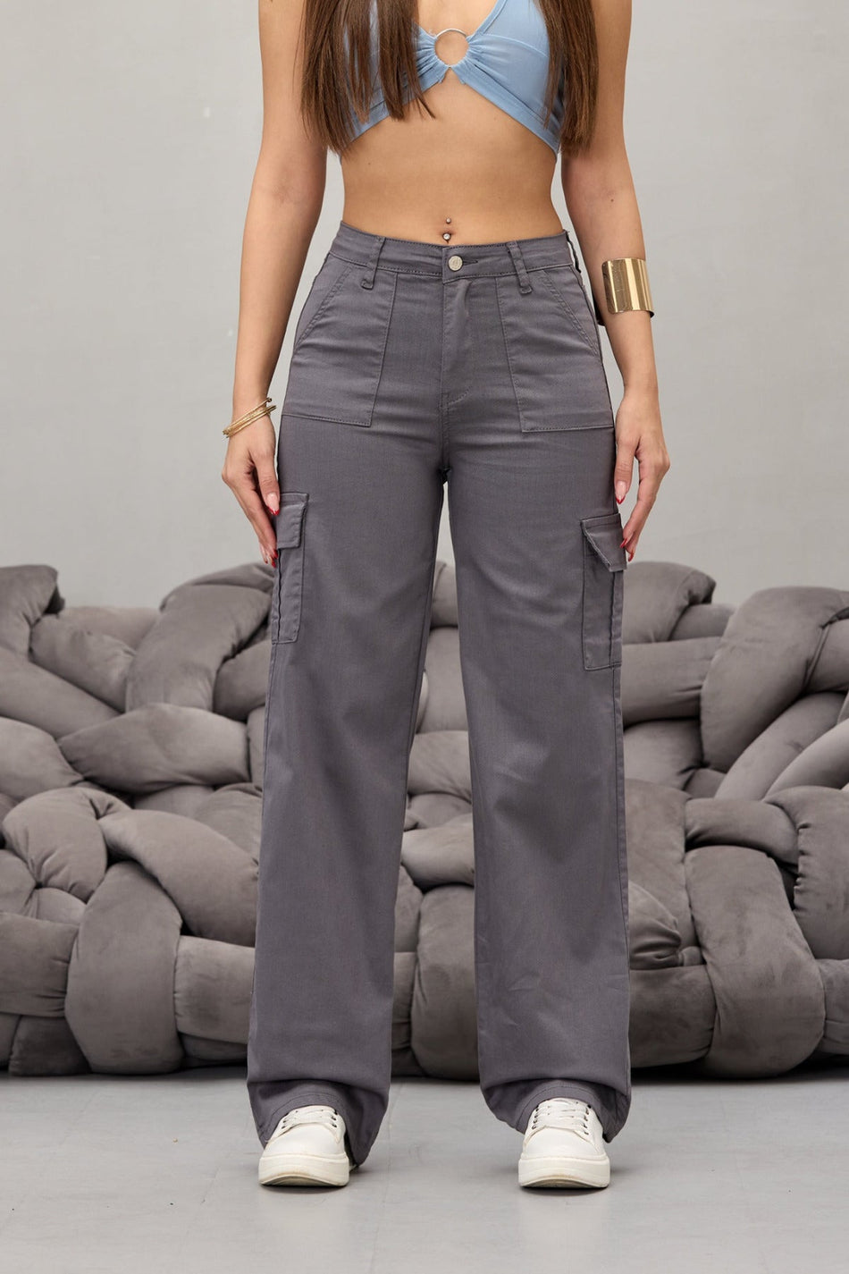 Gri Kargo Cepli Likralı Yüksek Bel Wide Leg Pantolon - MALLTURK