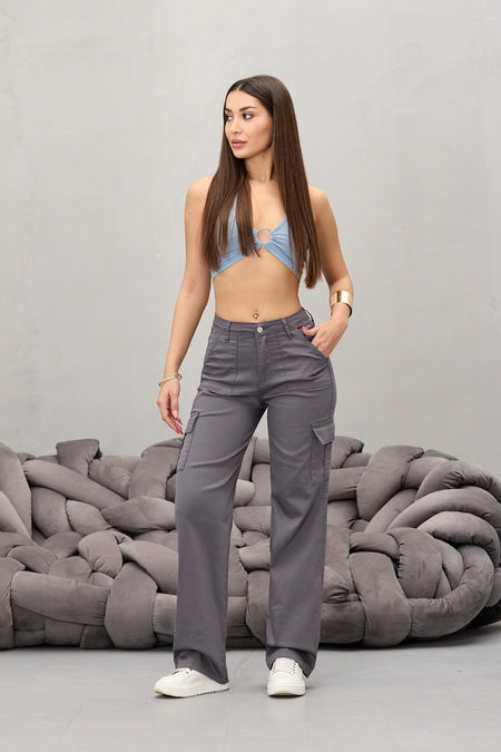 Gri Kargo Cepli Likralı Yüksek Bel Wide Leg Pantolon - MALLTURK