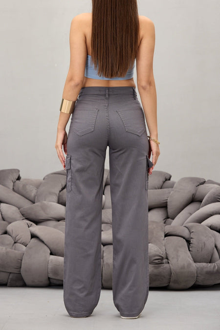 Gri Kargo Cepli Likralı Yüksek Bel Wide Leg Pantolon - MALLTURK