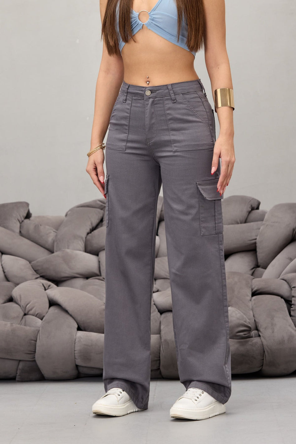 Gri Kargo Cepli Likralı Yüksek Bel Wide Leg Pantolon - MALLTURK