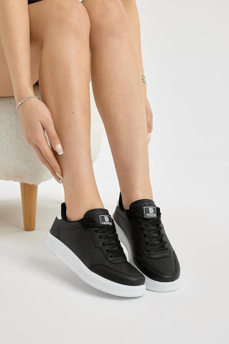 Hafif Faylon Taban Bağcıklı Unisex Siyah Beyaz Günlük Spor Ayakkabı TBPRF015 - MALLTURK