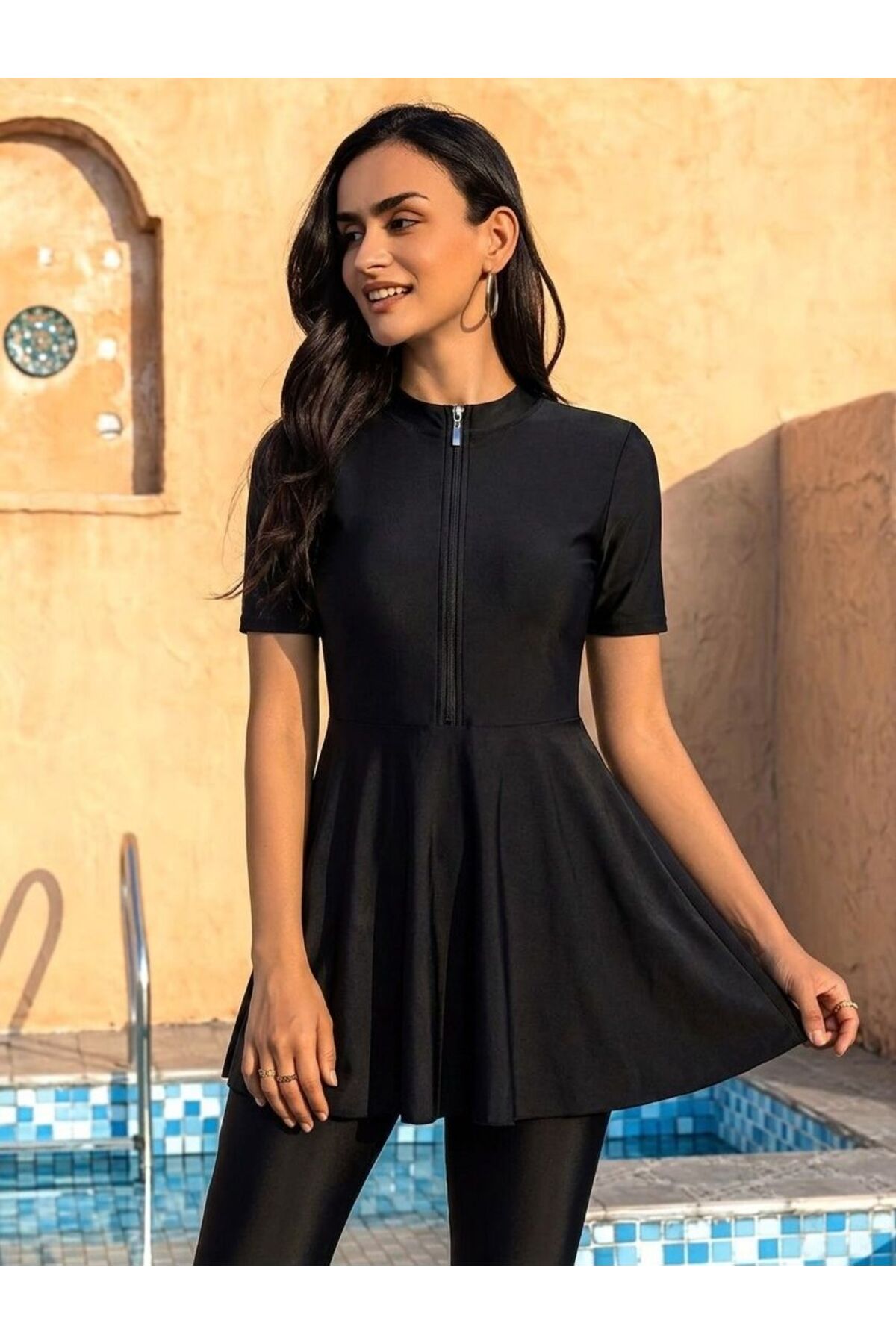 Half Closed Tights Zippered Hijab Swimsuit - MALLTURK