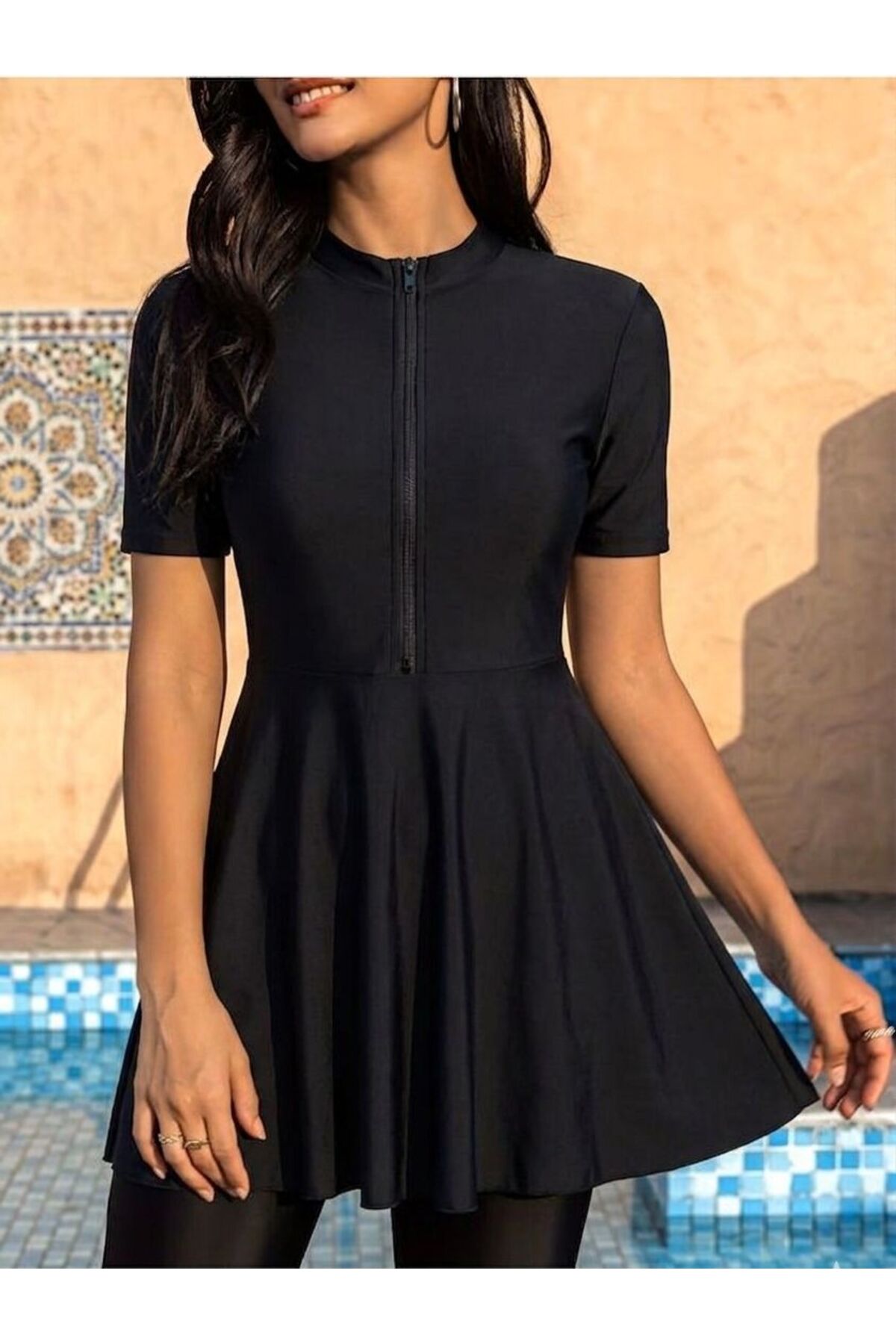 Half Closed Tights Zippered Hijab Swimsuit - MALLTURK