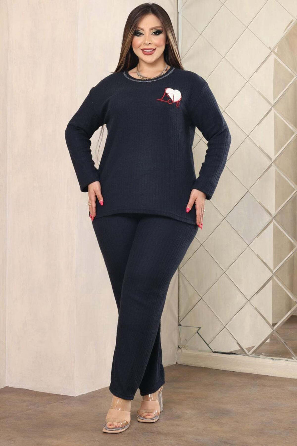 Heart Embroidered Plus Size Pajama Set - MALLTURK