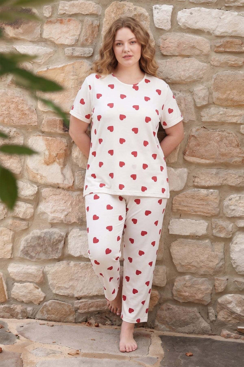Heart Patterned Large Size Pajama Set - MALLTURK
