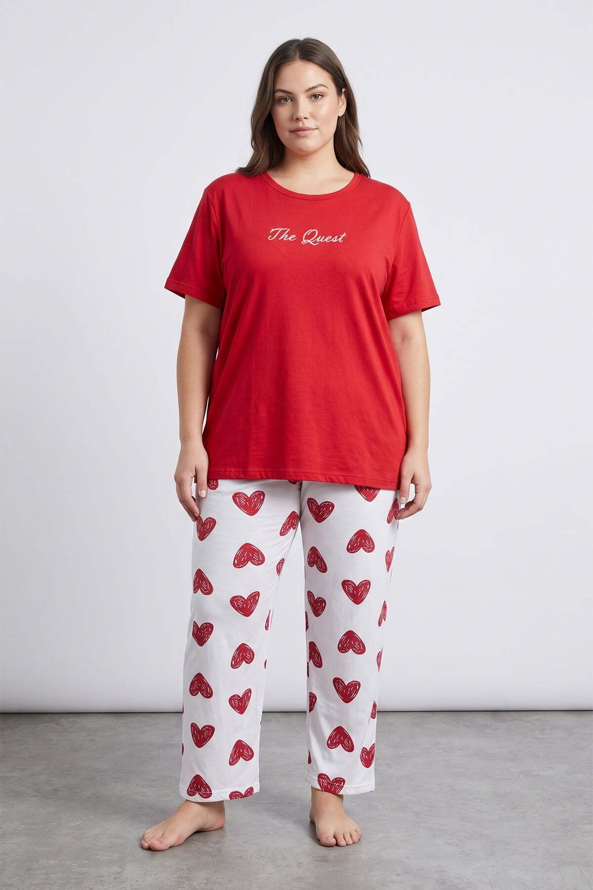 Heart Patterned Plus Size Short Sleeve Pajama Set - MALLTURK