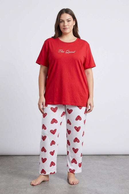 Heart Patterned Plus Size Short Sleeve Pajama Set - MALLTURK