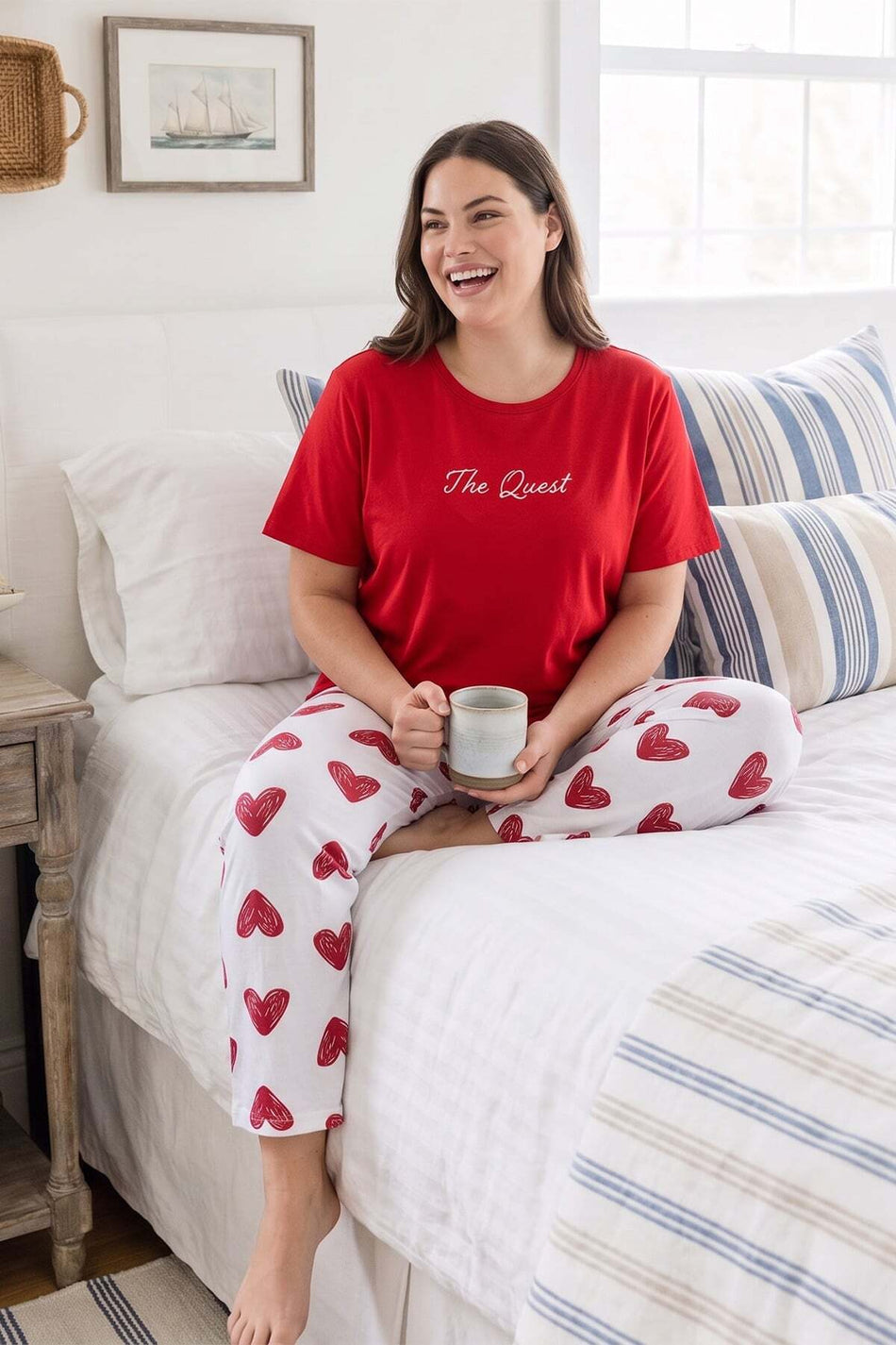 Heart Patterned Plus Size Short Sleeve Pajama Set - MALLTURK