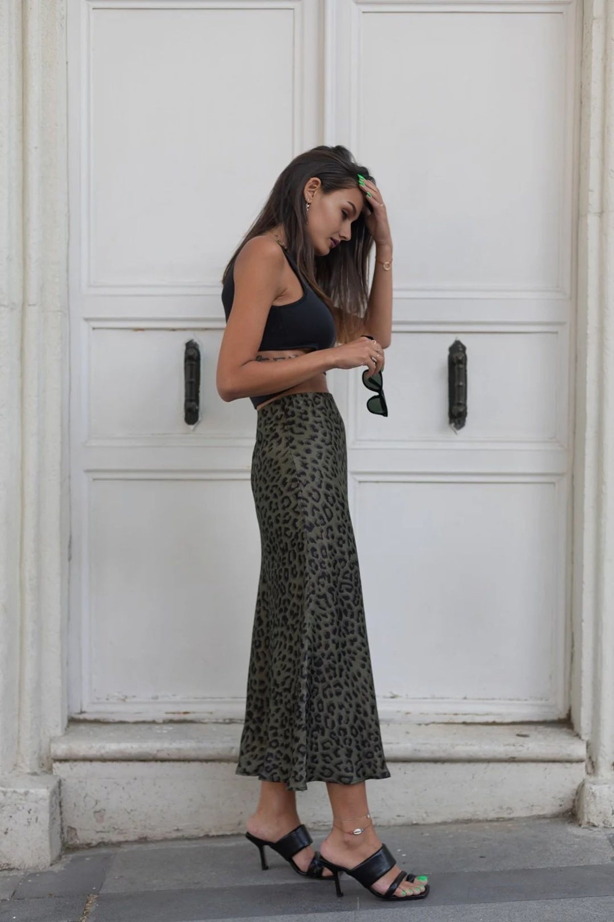 High Waist Leopard Pattern Lycra Satin Skirt Midi Length Skirt with Elastic Waist and Zipper 85 cm - MALLTURK