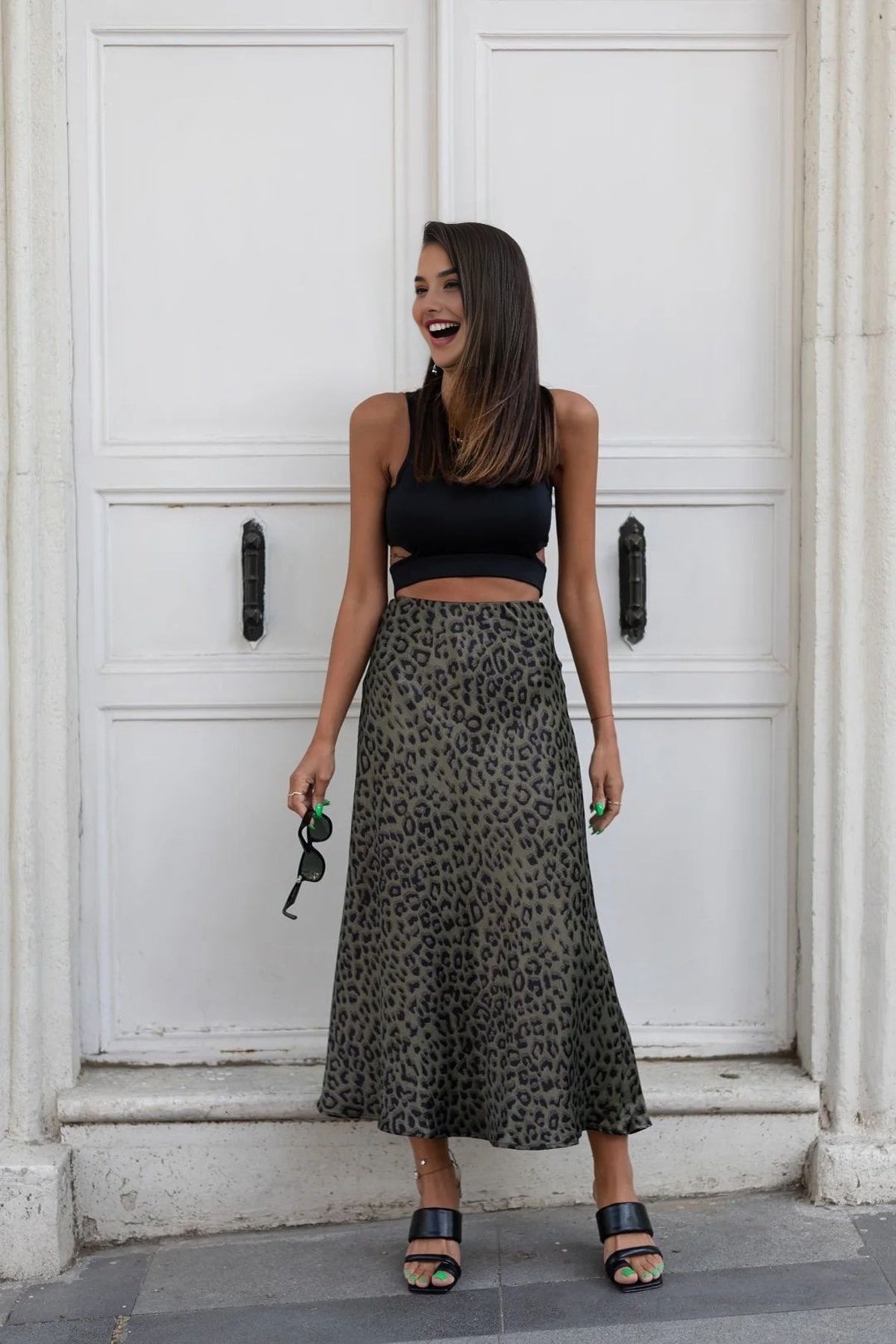 High Waist Leopard Pattern Lycra Satin Skirt Midi Length Skirt with Elastic Waist and Zipper 85 cm - MALLTURK