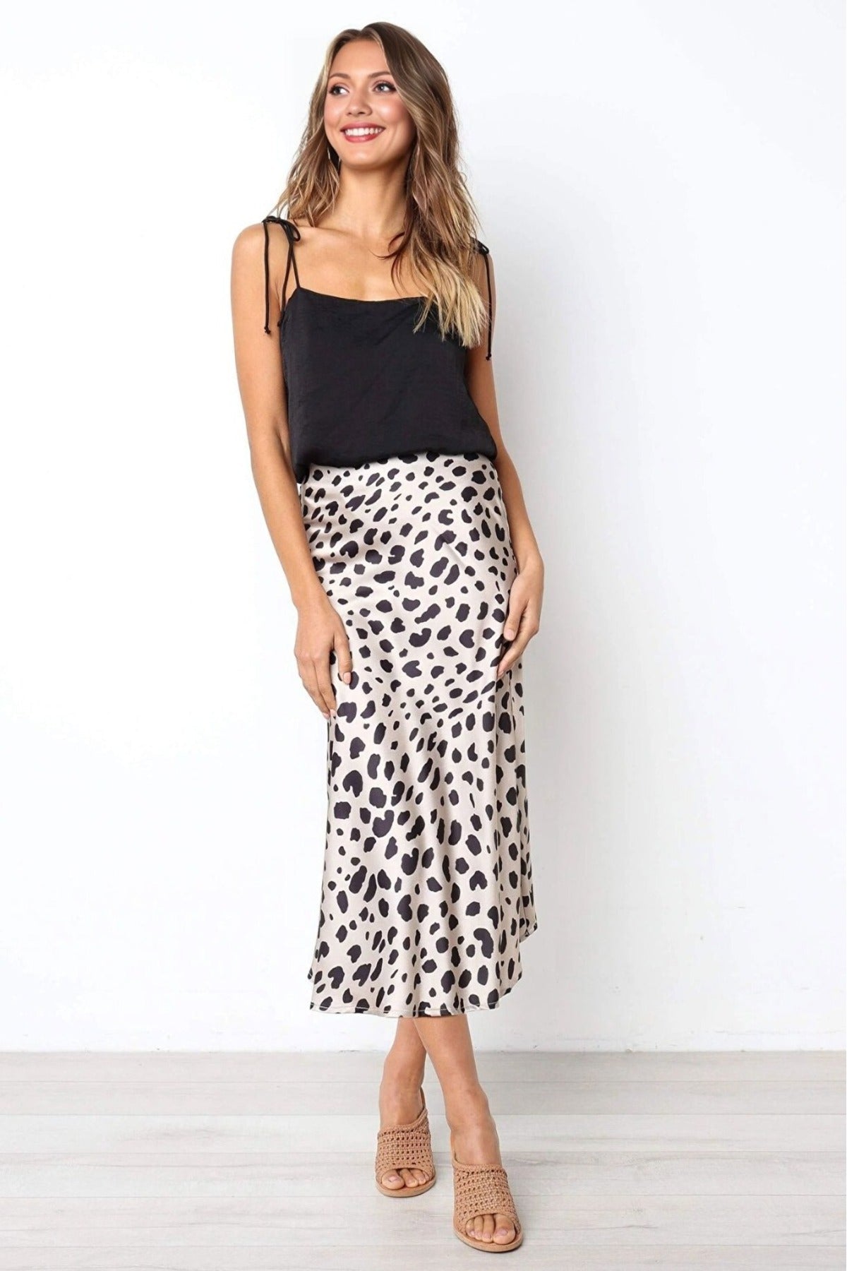 High Waist Leopard Pattern Lycra Satin Skirt Midi Length Skirt with Elastic Waist and Zipper 85 cm - MALLTURK
