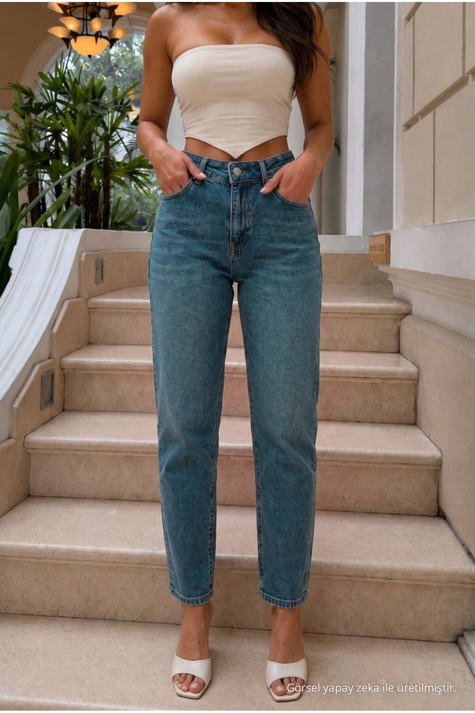 High Waist Mom Comfort Fit DARK BLUE Jeans - MALLTURK