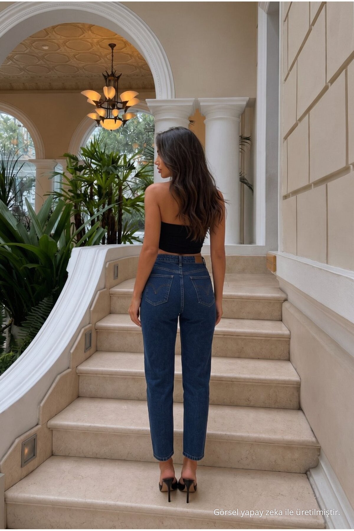 High Waist Mom Comfort Fit Navy Blue Jeans - MALLTURK